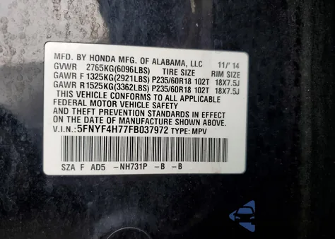 2015 Honda Pilot Exln from USA, damaged, VIN 5FNYF4H77FB037972